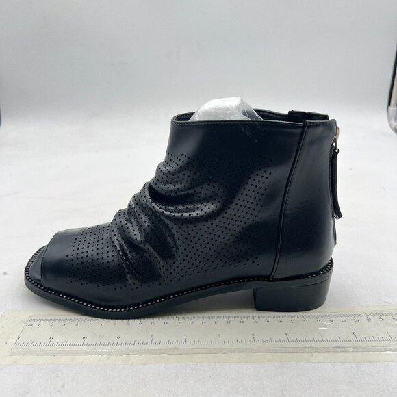 FSJ Black Peep Open Toe Slouchy Low Block Heel Ankle Booties Sandal Ruched Pump - Picture 2 of 8